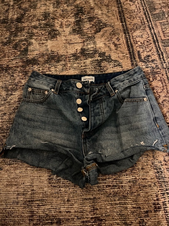 superdown Pants - superdown Distressed Dark Blue High-Rise Denim Shorts with Button Fly